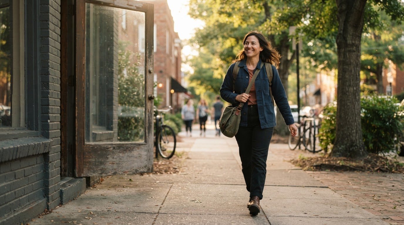 The same woman from the hero, walking out of a doorway into late-afternoon sunlight on a leafy Charlotte street, bag on her