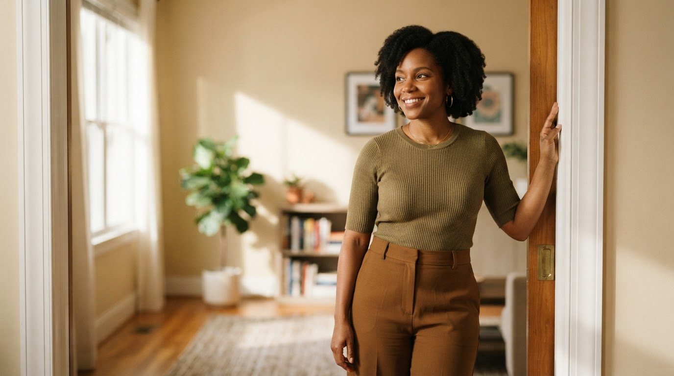 A Black woman in her thirties standing at ease in a sunlit living room in soft everyday clothes — high-waisted trousers