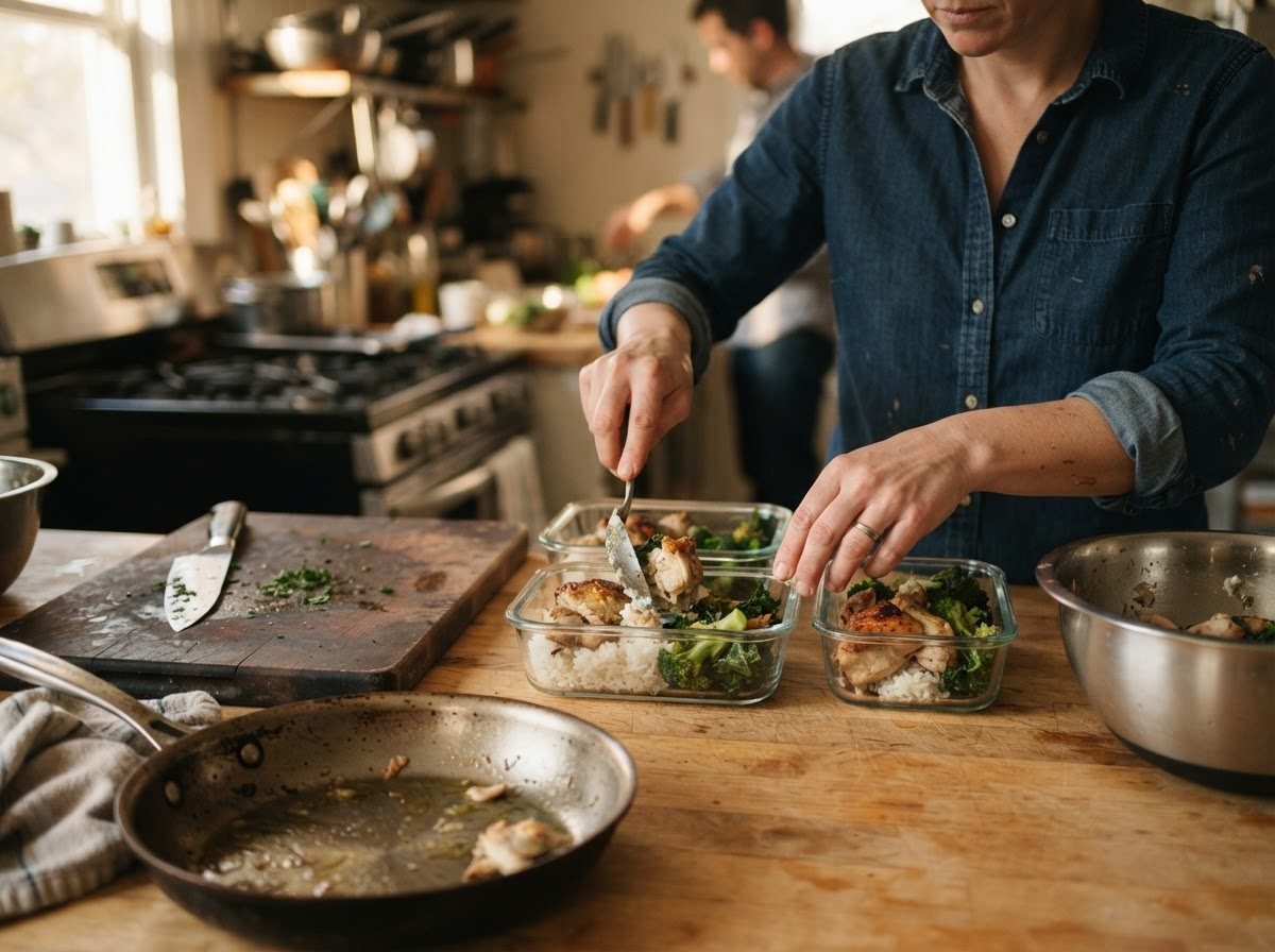 Hands portioning a cooked meal — roasted chicken, greens — into glass containers on a warm wooden counter, cutting board