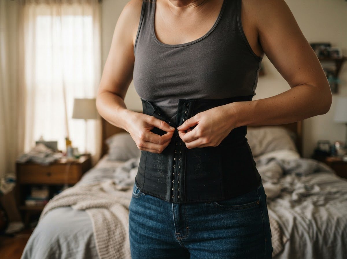 A waist trainer being fastened at the front, hooks visible mid-fastening, hands at the closure, worn over a plain tank