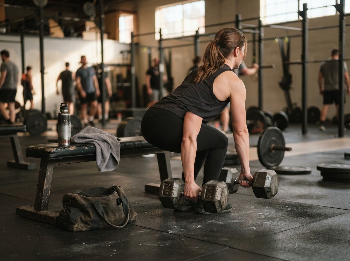 A training floor mid-session: a woman lowering a pair of dumbbells to the rubber floor after a set, a water bottle and folded